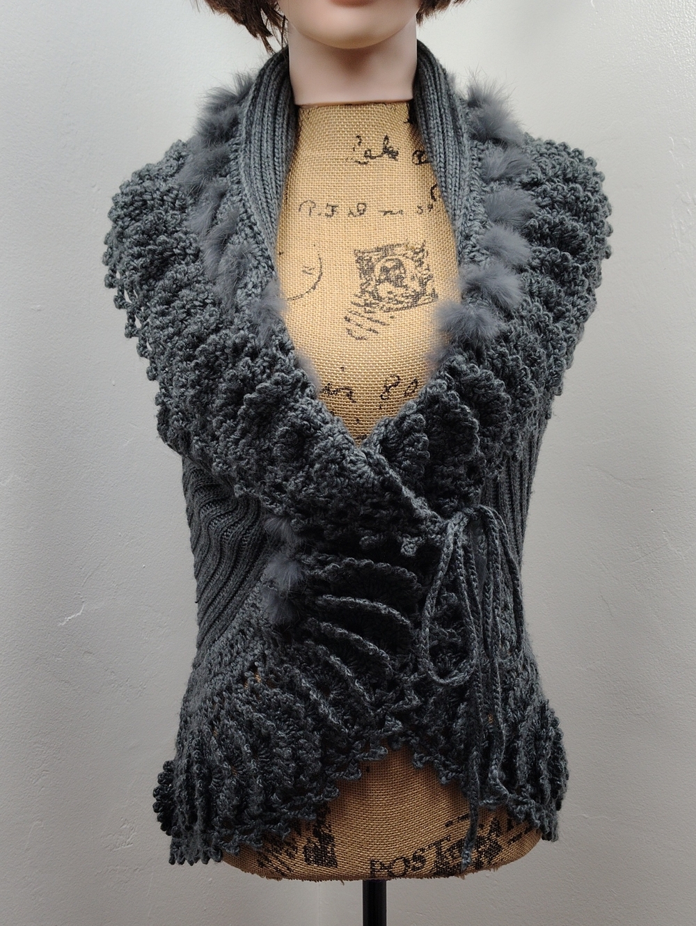 Bacci Soft Gray Fur Trim Knit Sweater Vest - Women Size Medium